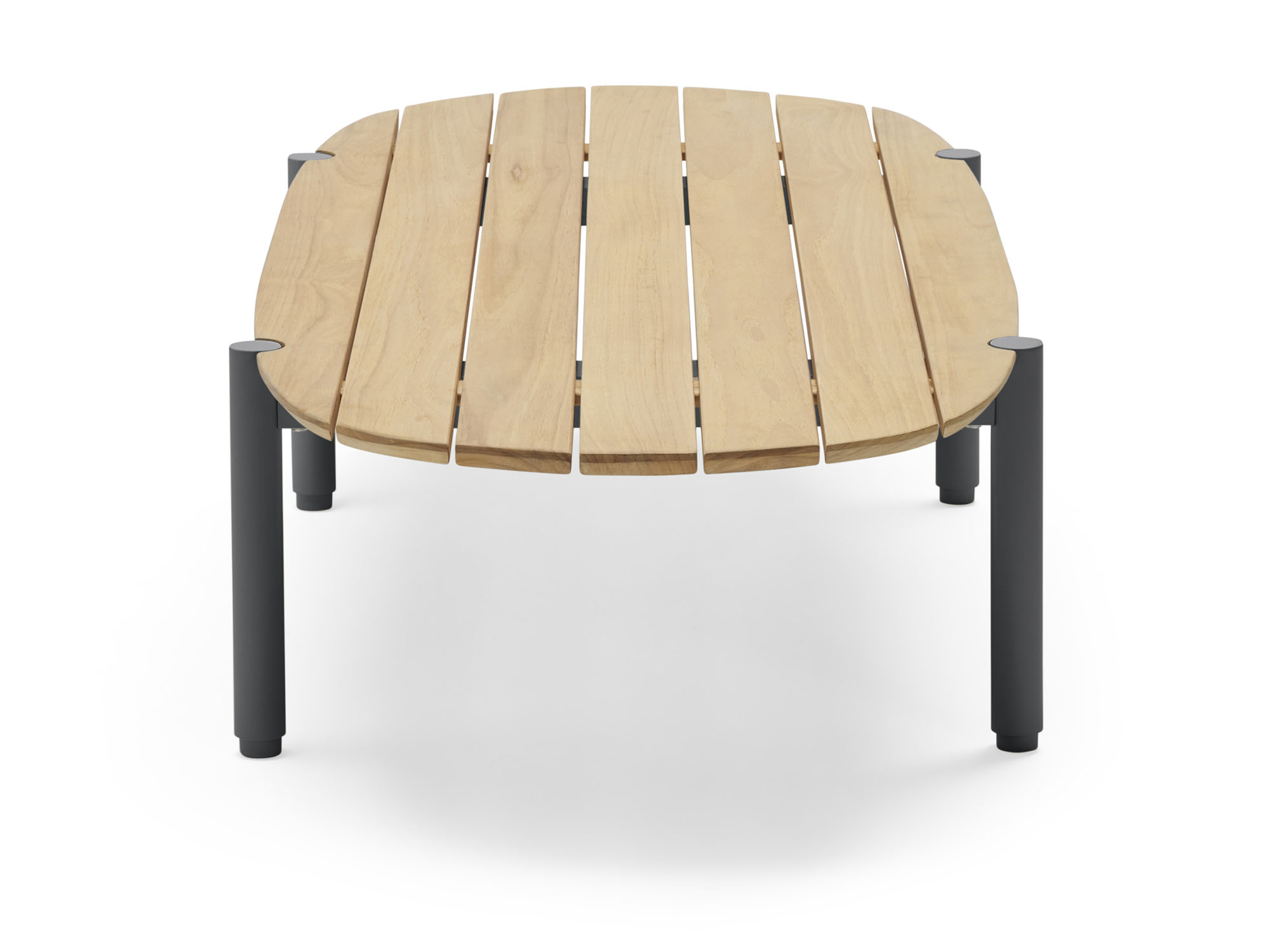 Side view of oval wood outdoor coffee table with black legs